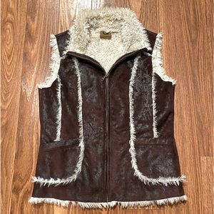 Faux Shearling Trim Brown Suede-Look Vest